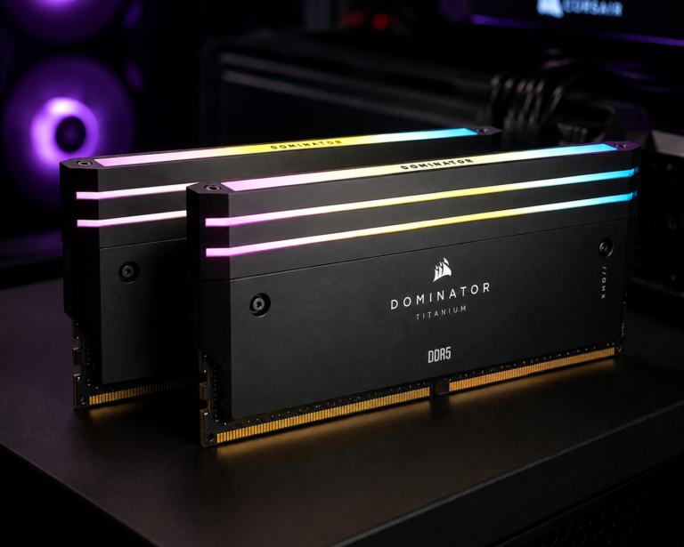 Two black Corsair Dominator Platinum DDR5 RAM modules with illuminated RGB light bars along the top edge.