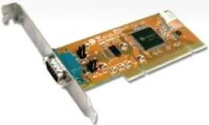 An expansion card with a beige circuit board, silver metal mounting bracket, and a blue parallel port interface connector.